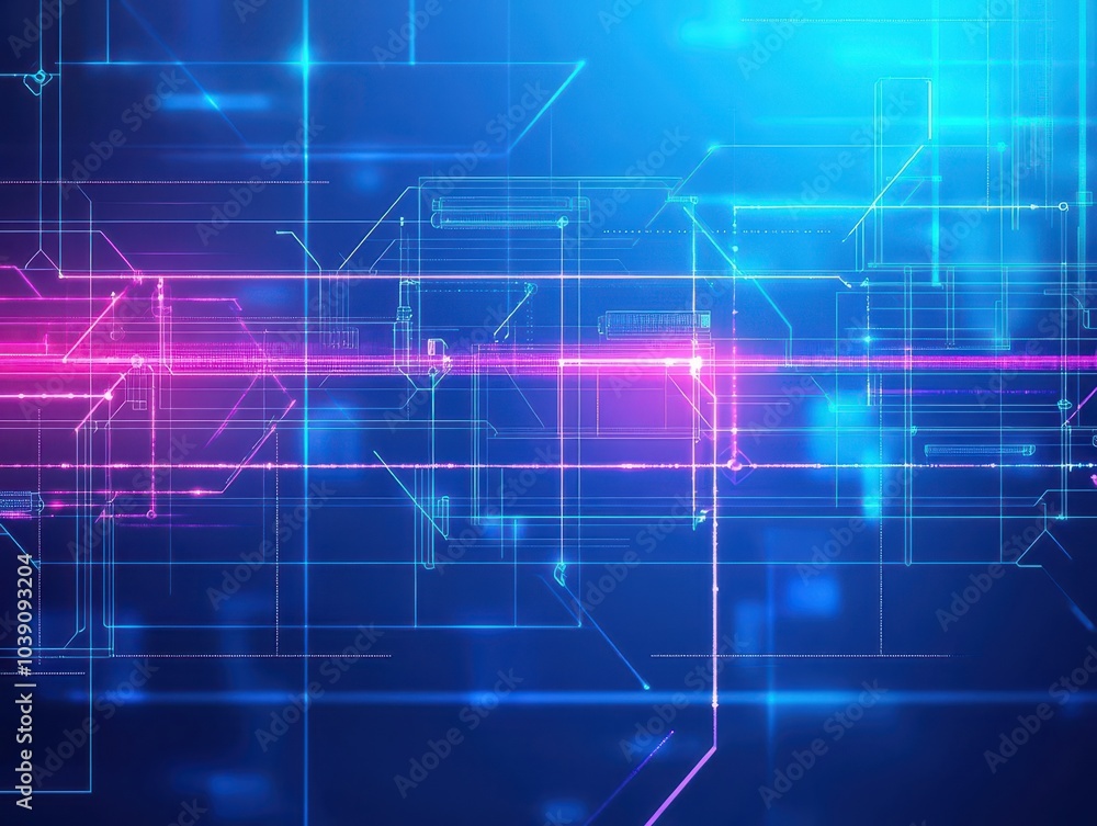 Abstract wide blueprint with geometric patterns, neon highlights, digital textures, blue and purple gradient, futuristic design Abstract wide blueprint with geometric patterns, neon highlights, digital textures, blue and purple gradient, futuristic design