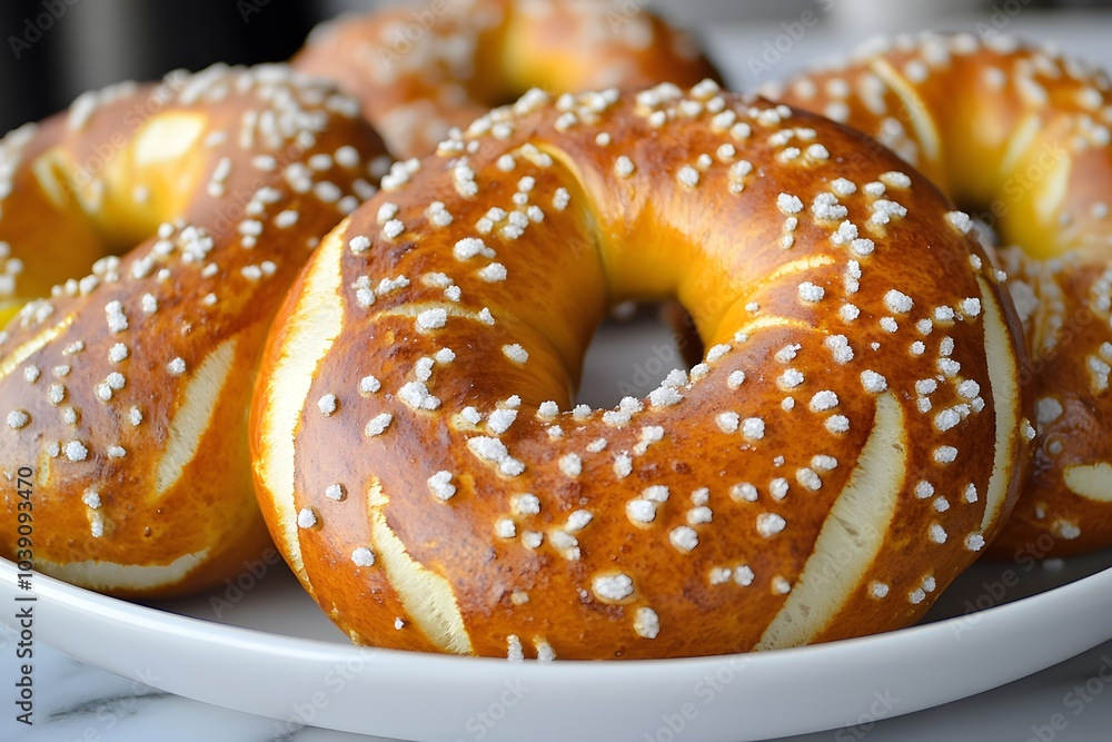 A plate of soft pretzels topped with coarse salt, perfect for snacking or sharing. A plate of soft pretzels topped with coarse salt, perfect for snacking or sharing.