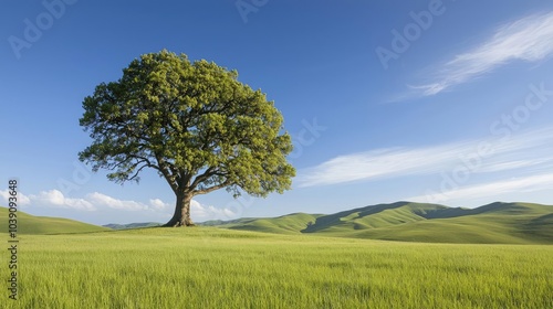 Lone tree in a green field under a clear blue sky, tranquil nature scene.