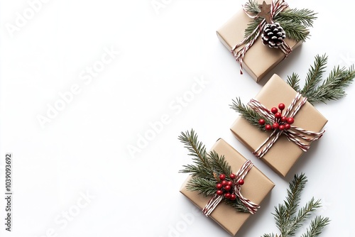 Fundo fotográfico branco de Natal com caixas de presentes embrulhados cuidadosamente photo