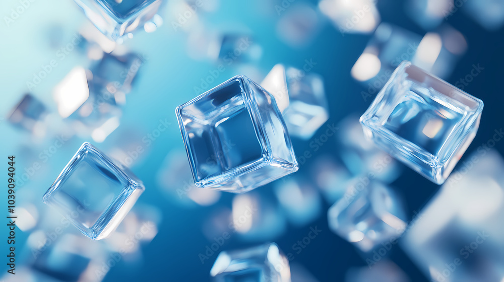Abstract background with floating glass cubes on a blue background. Realistic 3D rendering, high-resolution photography. High-quality photo. Stock photo, for commercial use. AI Editing. Abstract background with floating glass cubes on a blue background. Realistic 3D rendering, high-resolution photography. High-quality photo. Stock photo, for commercial use. AI Editing.