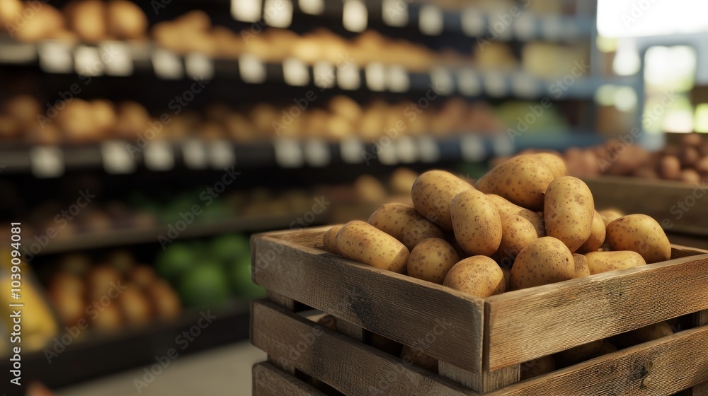 Fresh Potatoes in a Wooden Crate at a Grocery Store Fresh Potatoes in a Wooden Crate at a Grocery Store