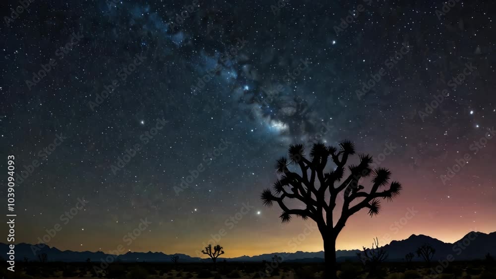 Lofi night sky with the Milky Way over a desert with silhouetted Joshua trees
Lofi night sky with the Milky Way over a desert with silhouetted Joshua trees