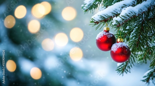 Red Christmas Ornaments On A Snowy Pine Branch