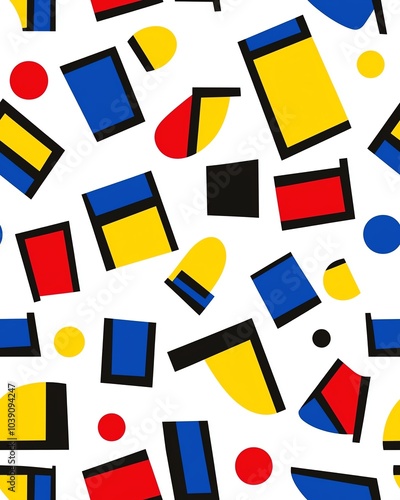 Abstract seamless pattern, cubist-inspired shapes, bold primary colors on white background photo