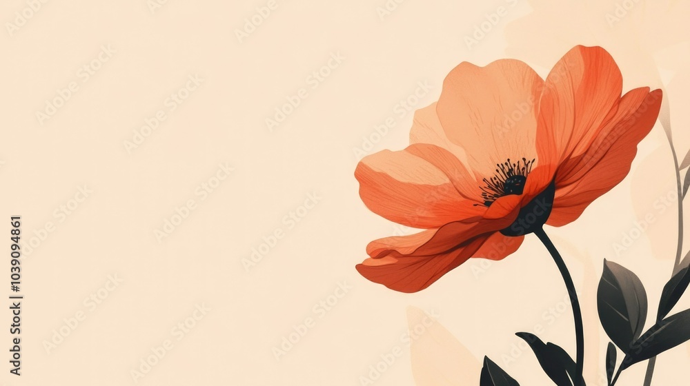 Obraz premium Vibrant coral flower with dark leaves on soft beige background, elegantly captured for girlhood design