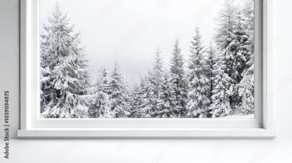 Fototapeta premium serene winter scene featuring snow covered fir trees visible through frosty window, creating peaceful and tranquil atmosphere