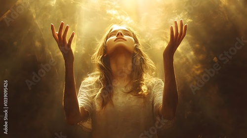 Christian worship and praise. A young woman with her hands raised in worship and praise to god. 