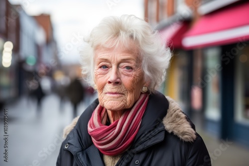 Portrait of an elderly woman in the city. Shallow depth of field.