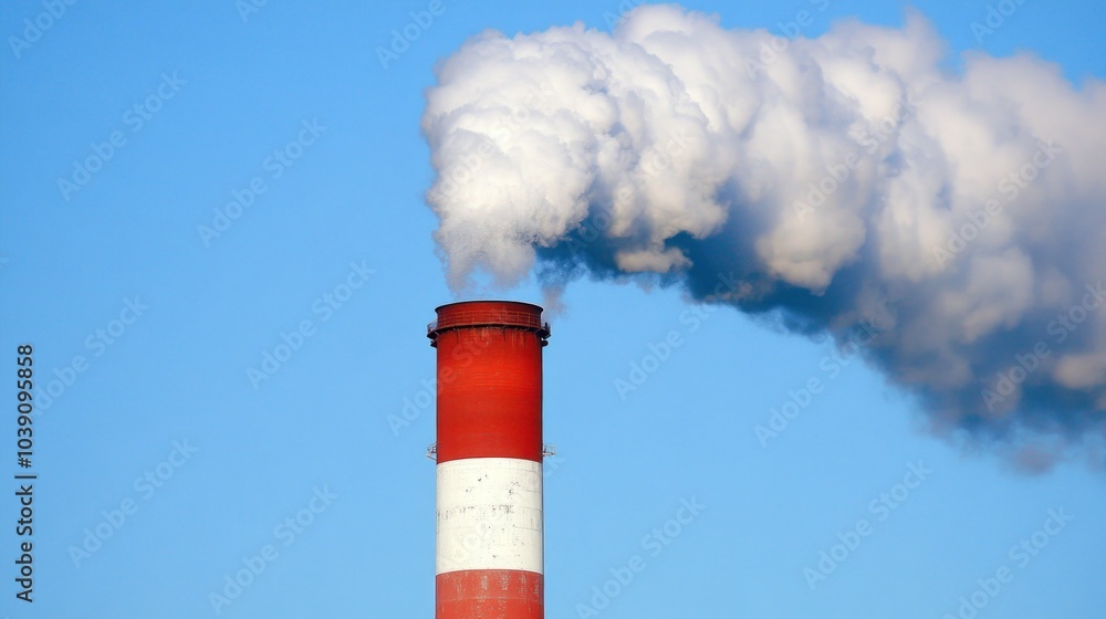 Factory Chimney with Smoke Plumes Against a Clear Blue Sky Factory Chimney with Smoke Plumes Against a Clear Blue Sky