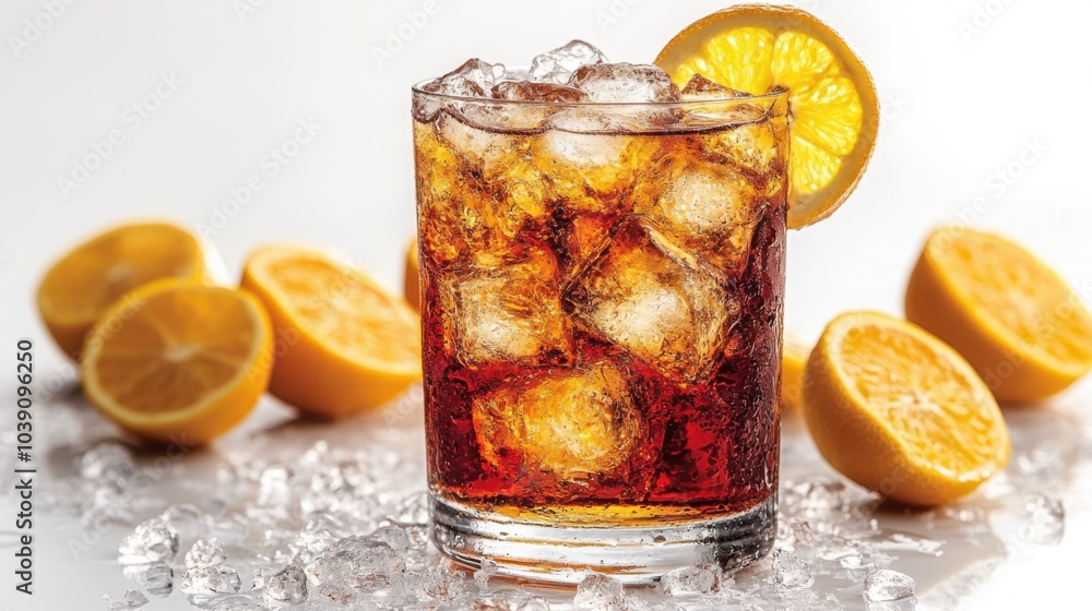 A refreshing glass of iced beverage with lemon slices and ice. A refreshing glass of iced beverage with lemon slices and ice.