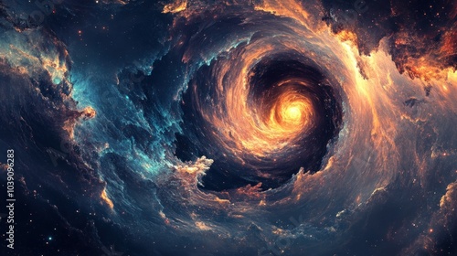 A swirling vortex of clouds and fire in a dark space, with a bright light at the center.