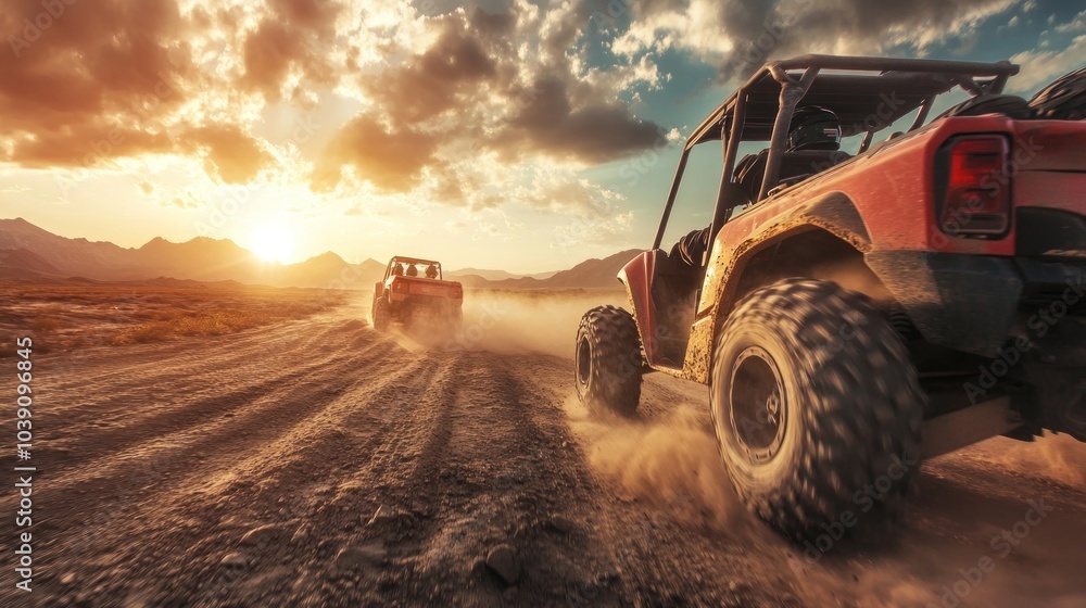 Two red off-road vehicles drive on a dirt road through the desert at sunset. Two red off-road vehicles drive on a dirt road through the desert at sunset.