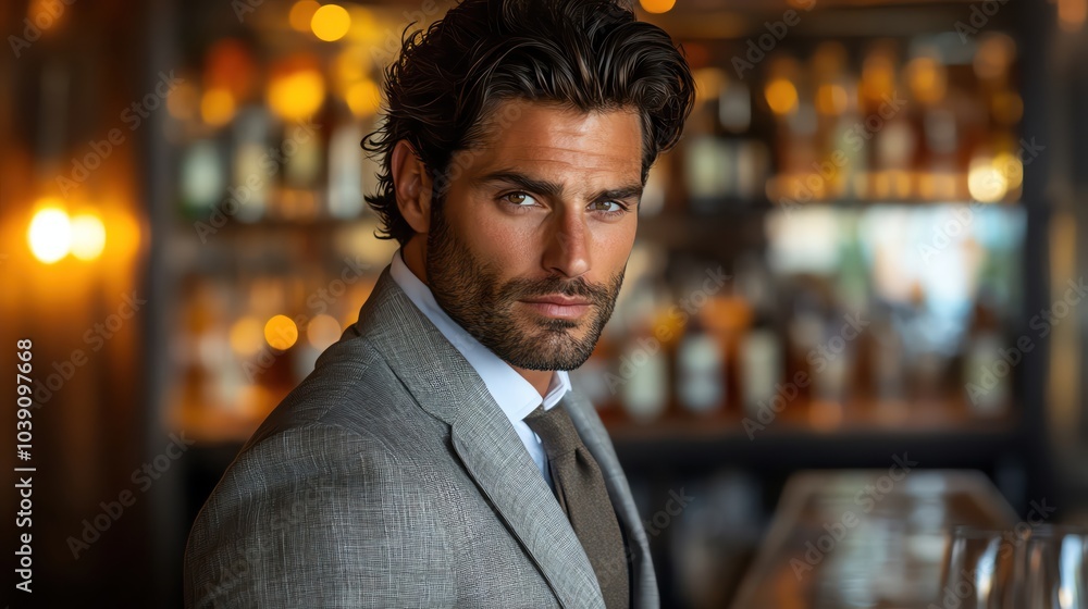 Confident man in a sleek suit, softly lit bar behind, gazing with a calm, focused expression Confident man in a sleek suit, softly lit bar behind, gazing with a calm, focused expression