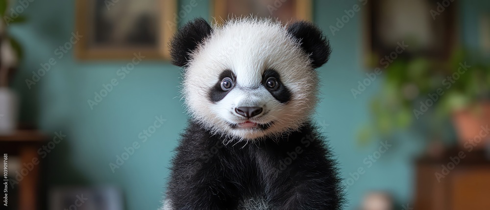 Fototapeta premium Cute baby panda with soft fluffy fur, sitting against a pastel teal background, wideeyed and curious expression