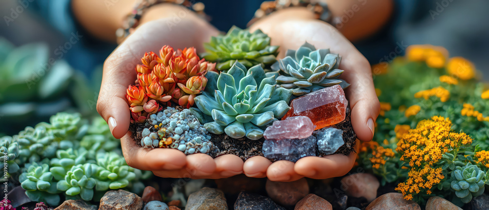 Fototapeta premium Hands holding succulents, crystals, and herbs, symbolizing nature