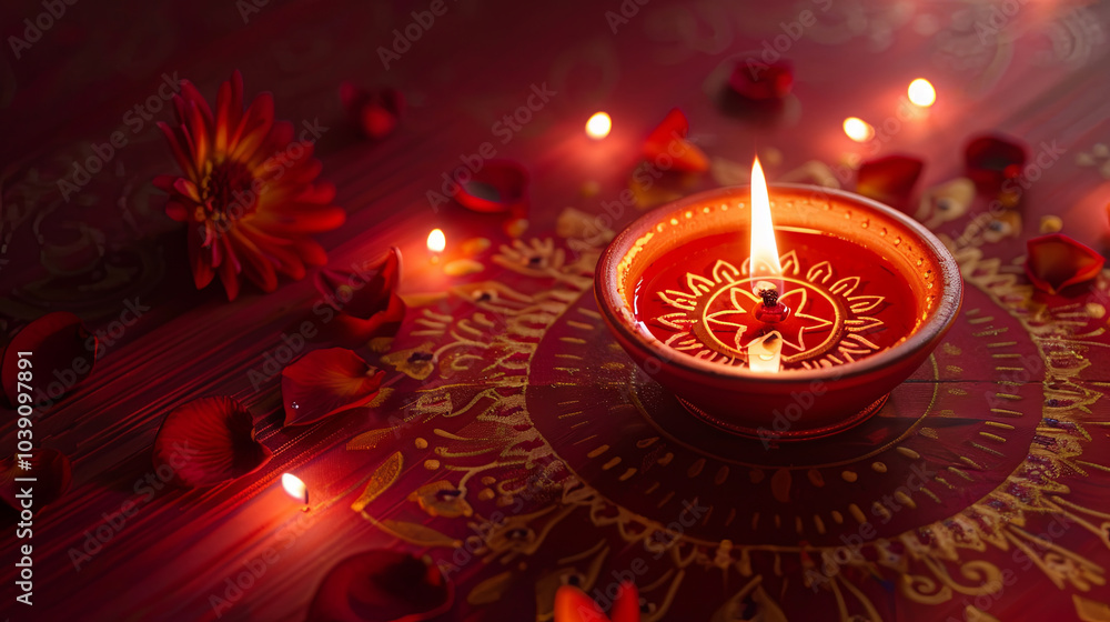 Diwali Traditions – Minimalist Lit Diya Lamp and Rangoli Symbolizing Festive Preparations