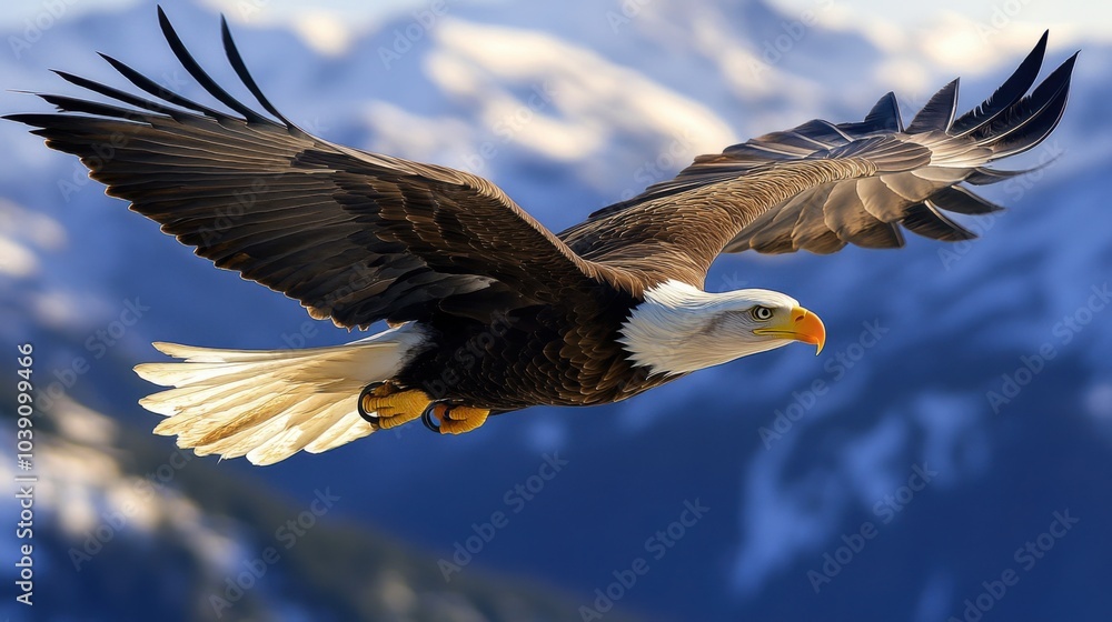 Fototapeta premium Majestic eagle soaring over snow-capped mountains at sunset.