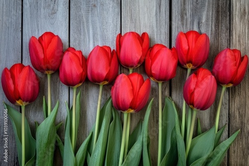 Wallpaper Mural Beautiful red tulips on wood background - generative ai Torontodigital.ca