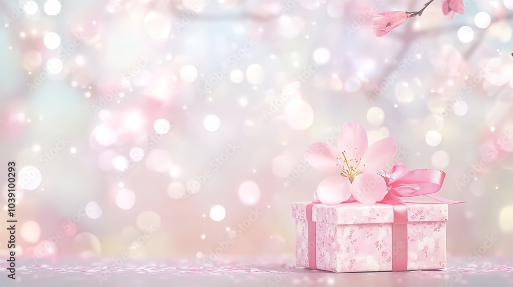 Fototapeta premium Pink Gift Box with Cherry Blossom Decoration