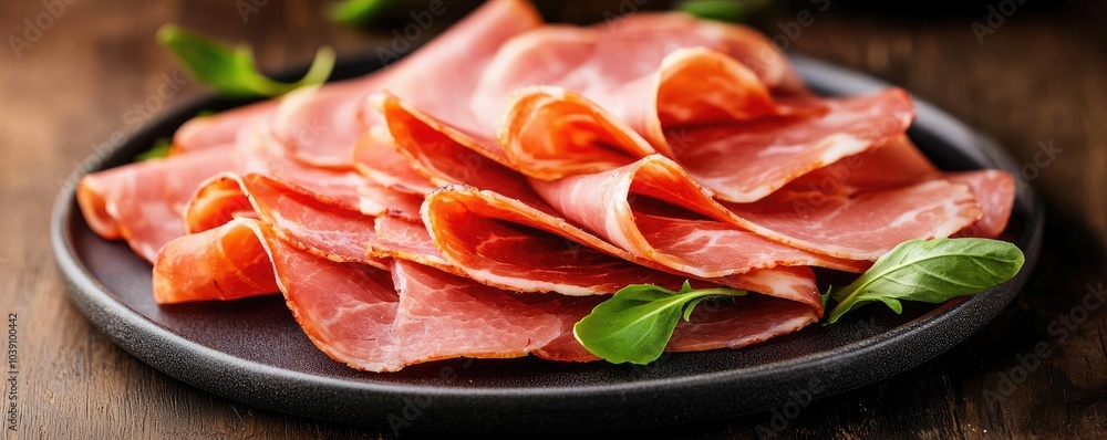 Sliced cured meat arranged on a plate with fresh herbs. Sliced cured meat arranged on a plate with fresh herbs.