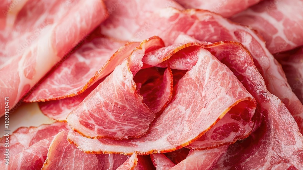Close-up of fresh, thinly sliced ham with rich marbling, ideal for gourmet dishes. Close-up of fresh, thinly sliced ham with rich marbling, ideal for gourmet dishes.