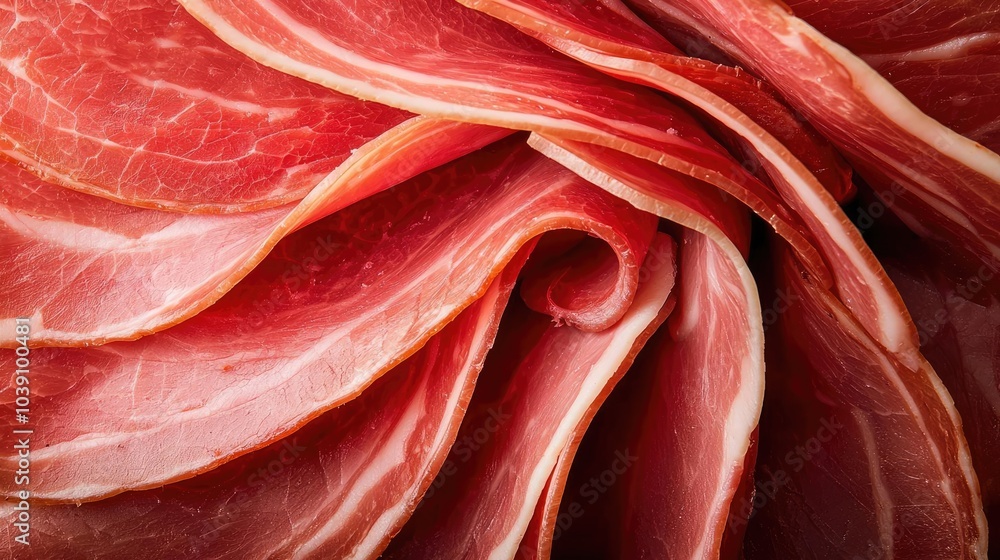 Obraz premium Sliced cured meat arranged in a spiral on a white background.