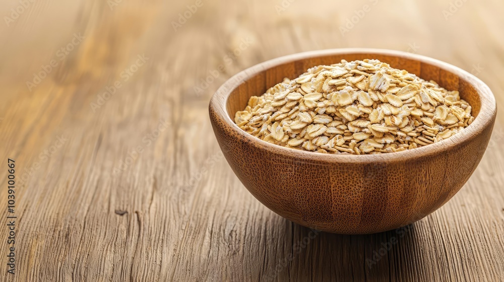 Wooden bowl filled with oats on a rustic wooden surface. Wooden bowl filled with oats on a rustic wooden surface.