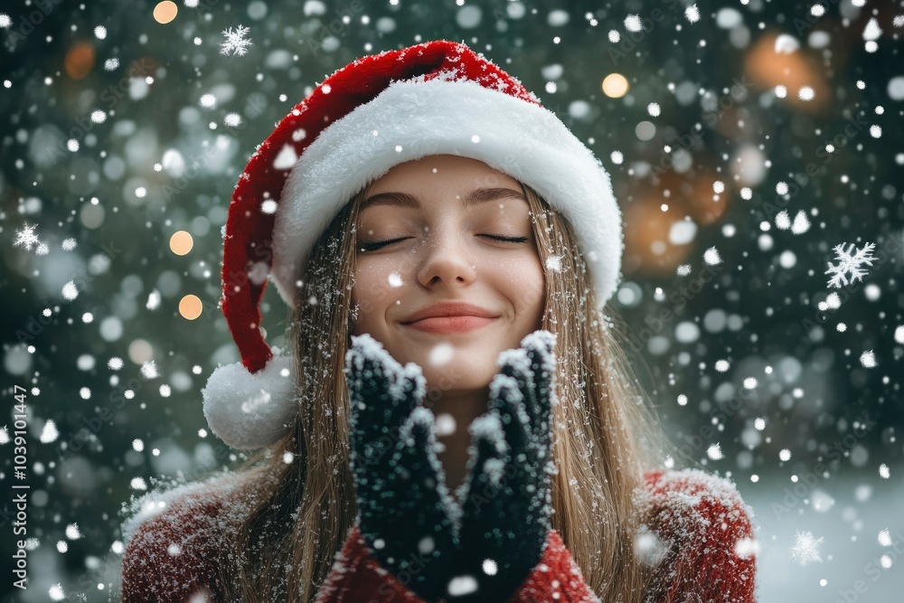 Beautiful young woman in Santa hat and falling snow on light background, copy space background - generative ai Beautiful young woman in Santa hat and falling snow on light background, copy space background - generative ai