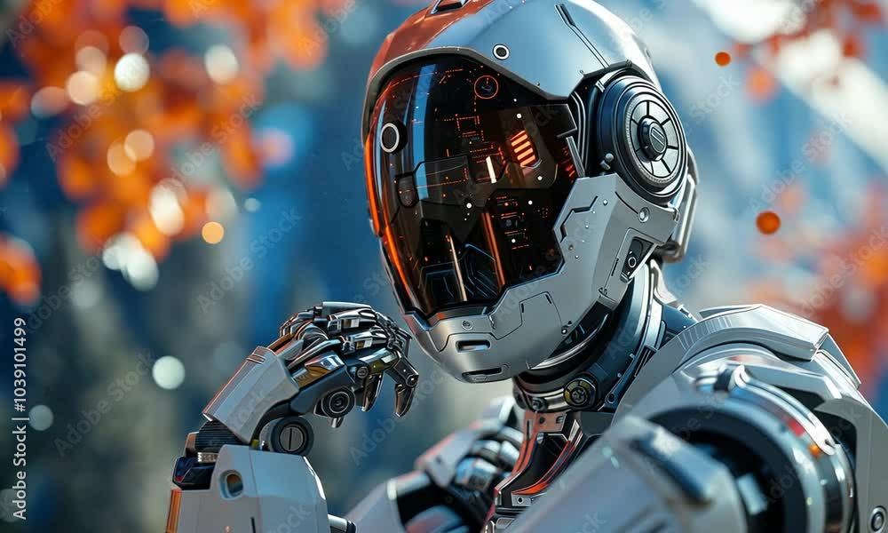 A futuristic robot with a reflective visor, set against an autumn backdrop. A futuristic robot with a reflective visor, set against an autumn backdrop.