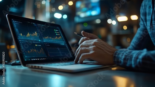 Finance in Action: Professional businessman analyzing financial data on laptop and tablet, with growth graphs, business strategies, and risk management. Ultra-realistic, photorealistic