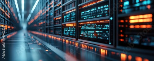 A perspective view of a modern server room with glowing data panels.