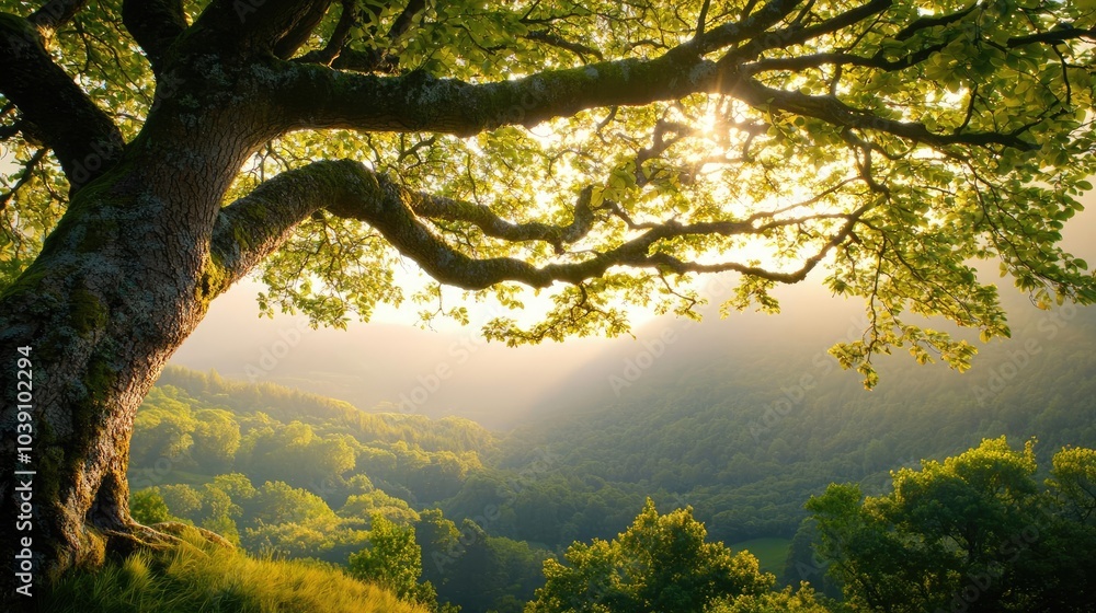 Majestic tree with lush green leaves in a serene landscape at sunset. Majestic tree with lush green leaves in a serene landscape at sunset.