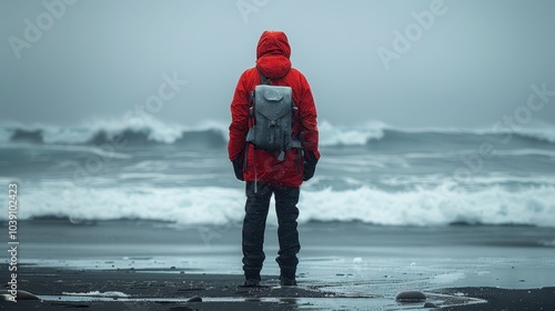 A lone male geophysicist at the North Pole against a backdrop of ice floes and snowy cliffs photo