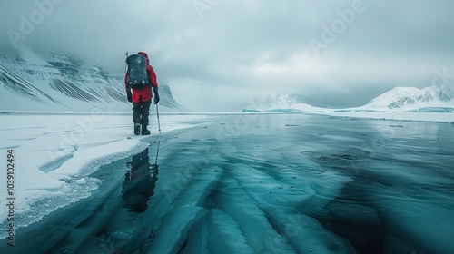 A lone male geophysicist at the North Pole against a backdrop of ice floes and snowy cliffs photo