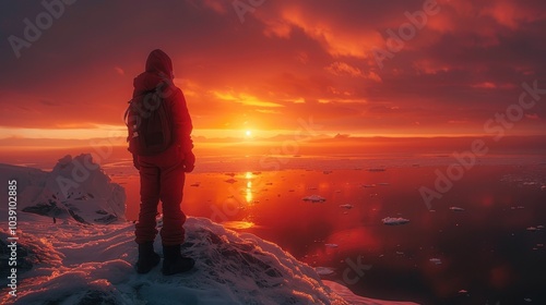 A lone male geophysicist at the North Pole against a backdrop of ice floes and snowy cliffs