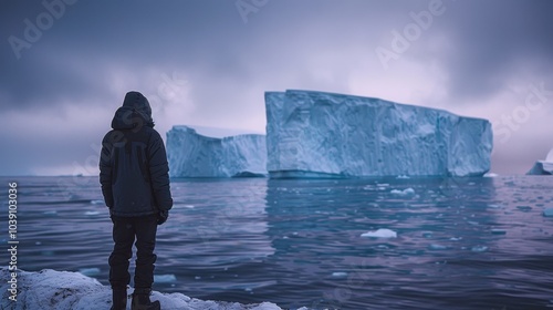 A lone male geophysicist at the North Pole against a backdrop of ice floes and snowy cliffs