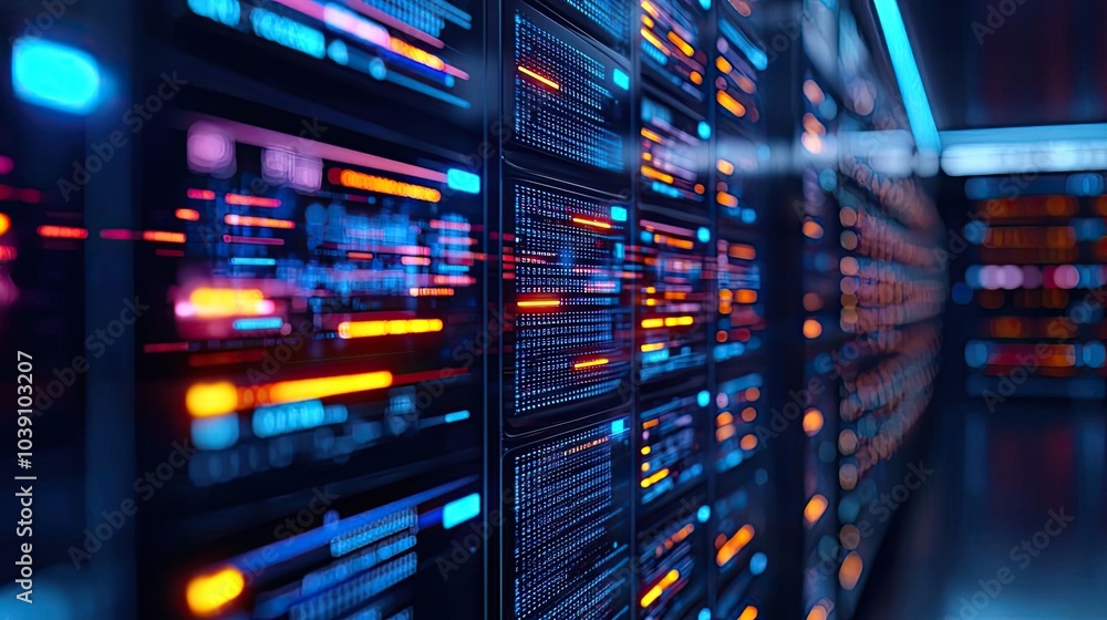 Close-up of a data server room with illuminated components and modern design. Close-up of a data server room with illuminated components and modern design.