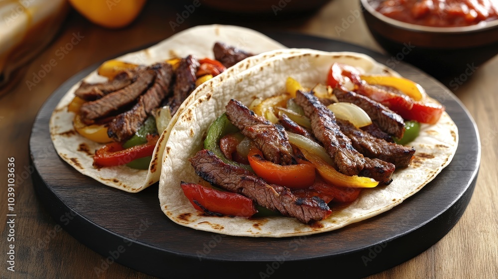 Sizzling Beef Fajitas with Grilled Bell Peppers and Onions in Warm Tortillas Sizzling Beef Fajitas with Grilled Bell Peppers and Onions in Warm Tortillas