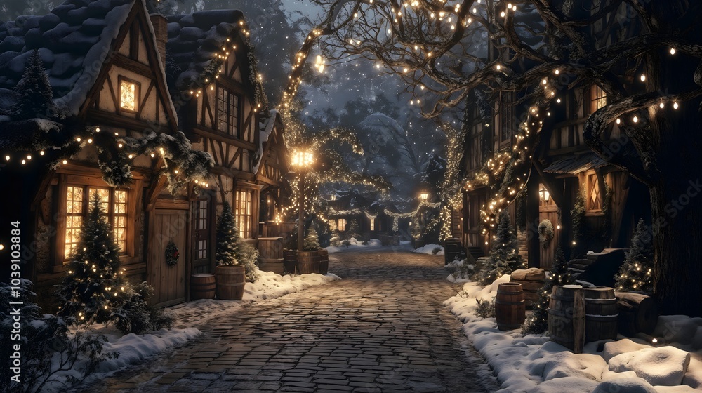Magical Snowy Village and Pathway with Twinkling Christmas Lights and Decorated With Christmas Trees in a Cozy Winter Wonderland, Christmas Tree In The City Magical Snowy Village and Pathway with Twinkling Christmas Lights and Decorated With Christmas Trees in a Cozy Winter Wonderland, Christmas Tree In The City