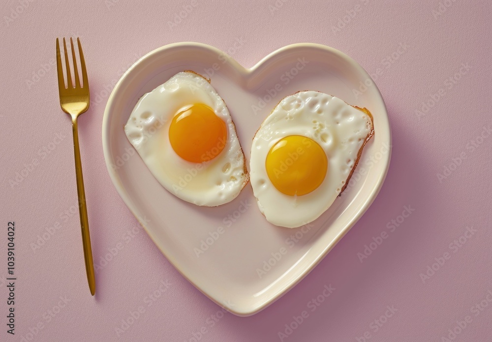 heart shaped plate with fried eggs on a pink background, golden fork, breakfast concept, romantic breakfast, food photography, minimalistic style, playful presentation, culinary art description heart shaped plate with fried eggs on a pink background, golden fork, breakfast concept, romantic breakfast, food photography, minimalistic style, playful presentation, culinary art description