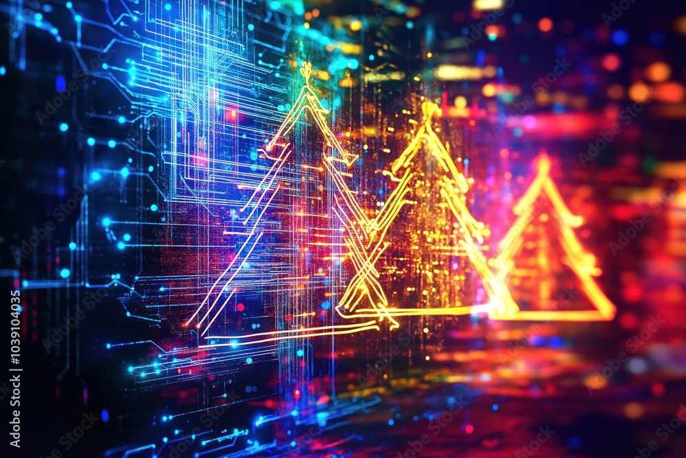 Árvore de Natal formada por luzes cibernéticas, simbolizando a união entre Natal e o mundo digital Árvore de Natal formada por luzes cibernéticas, simbolizando a união entre Natal e o mundo digital