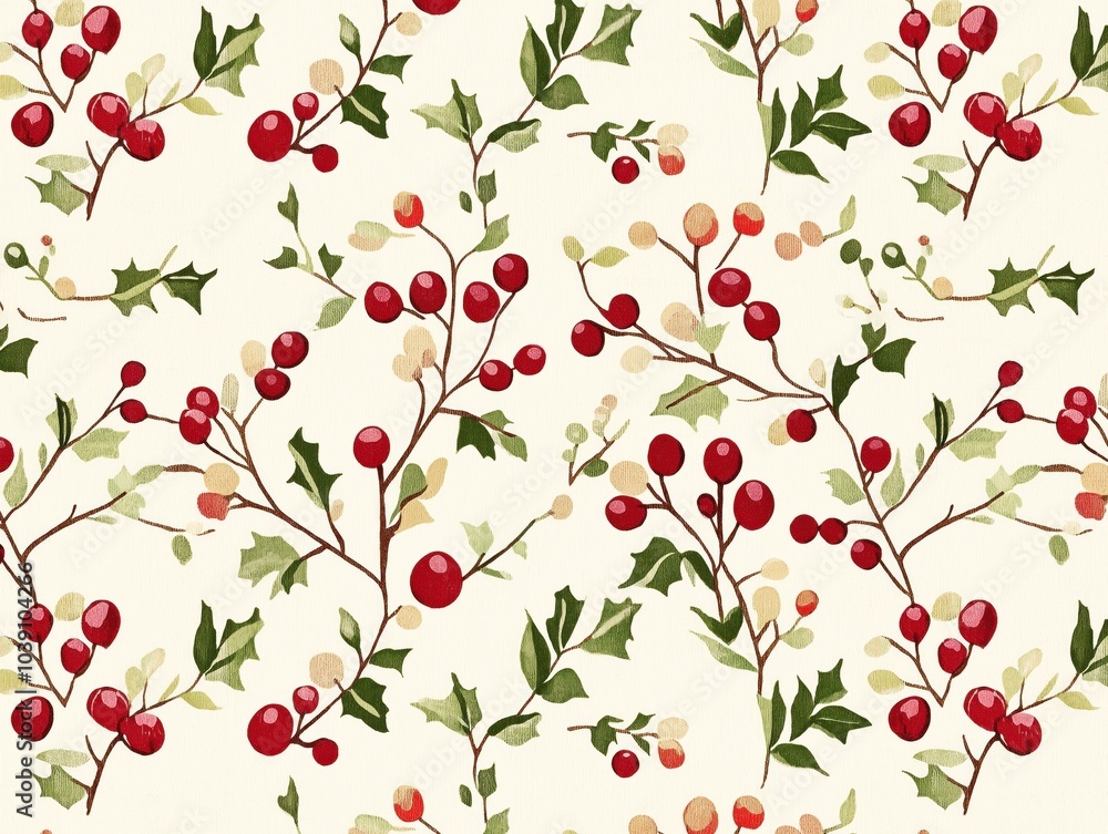 Padrão natalino elegante e atemporal. Design sofisticado com folhas e cerejas em tons vibrantes, perfeito para criar uma atmosfera natalina em qualquer ambiente Padrão natalino elegante e atemporal. Design sofisticado com folhas e cerejas em tons vibrantes, perfeito para criar uma atmosfera natalina em qualquer ambiente
