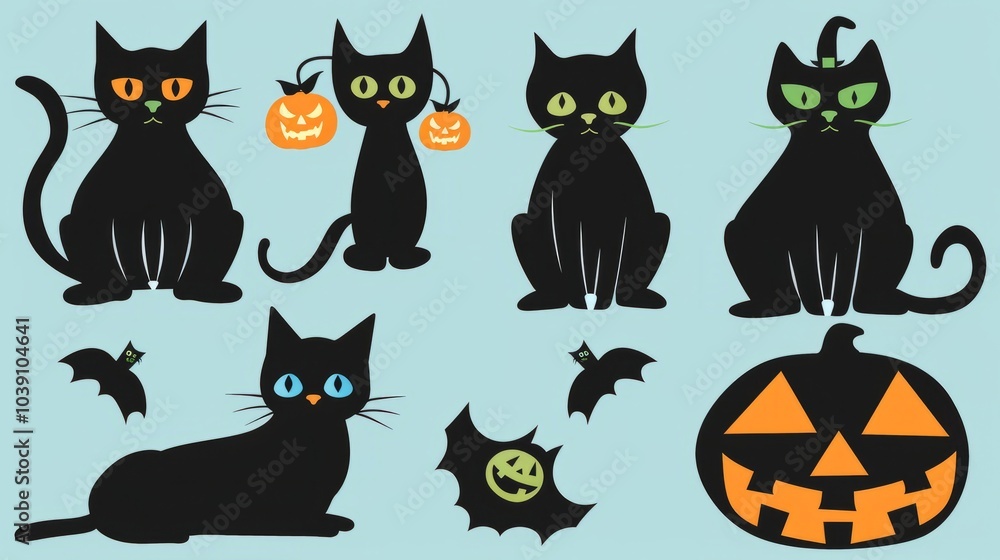 Cats with Halloween decorations, isolated against a solid colored background Cats with Halloween decorations, isolated against a solid colored background