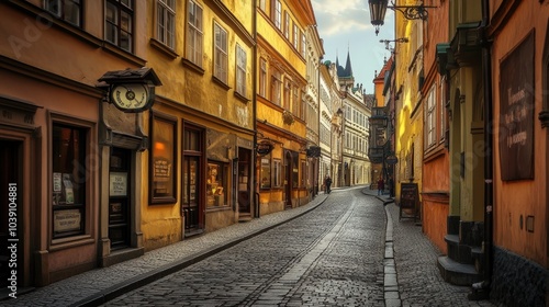 The Historic Streets of Prague’s Old Town Featuring the Illuminated Astronomical Clock and Cobblestone Alleys at Dusk