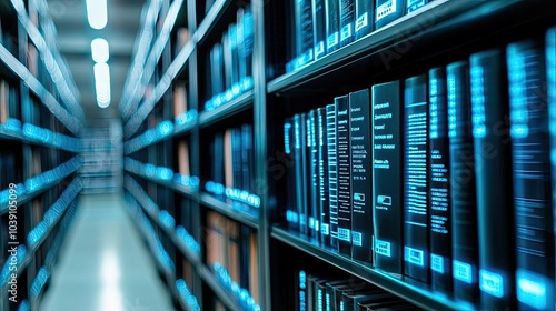 Library  rows of bookshelves with vivid blue spines  focus on knowledge and learning.