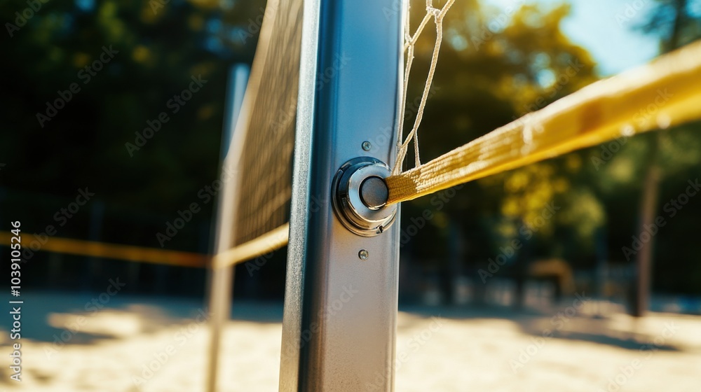 A volleyball court's net tensioner, outdoor setting with sand court, Futuristic style A volleyball court's net tensioner, outdoor setting with sand court, Futuristic style