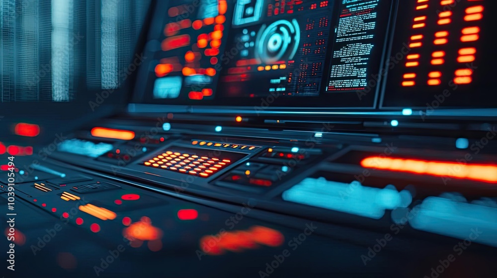 Futuristic control panel with vibrant screens and buttons, digital interface detail. Futuristic control panel with vibrant screens and buttons, digital interface detail.
