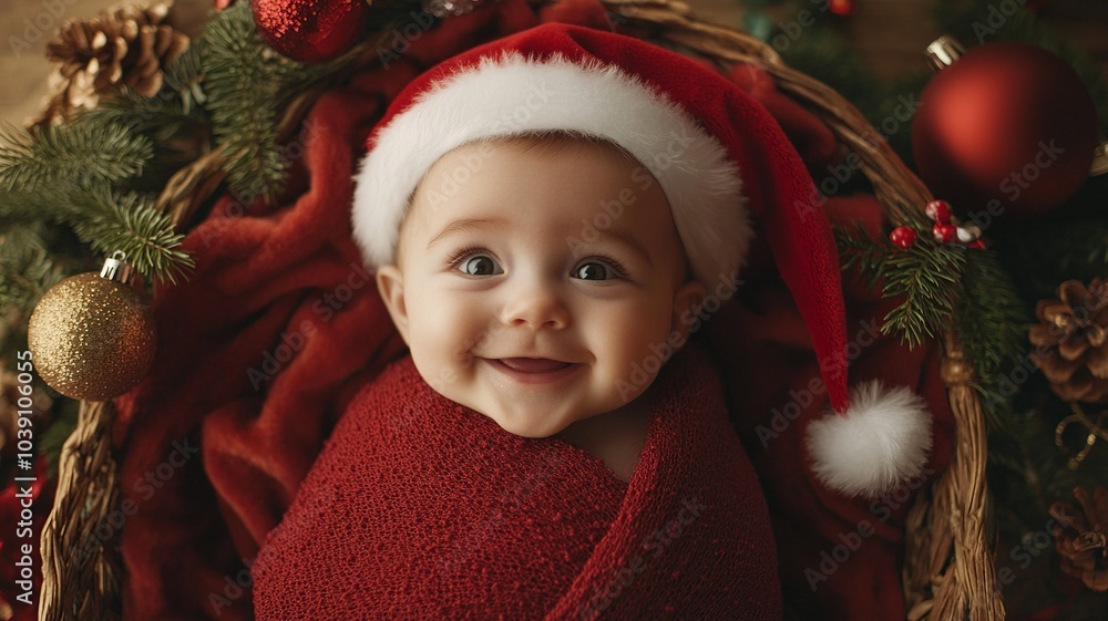Adorable baby in a festive Christmas setting, wearing a Santa hat and surrounded by holiday decorations, smiling with joy and excitement Adorable baby in a festive Christmas setting, wearing a Santa hat and surrounded by holiday decorations, smiling with joy and excitement