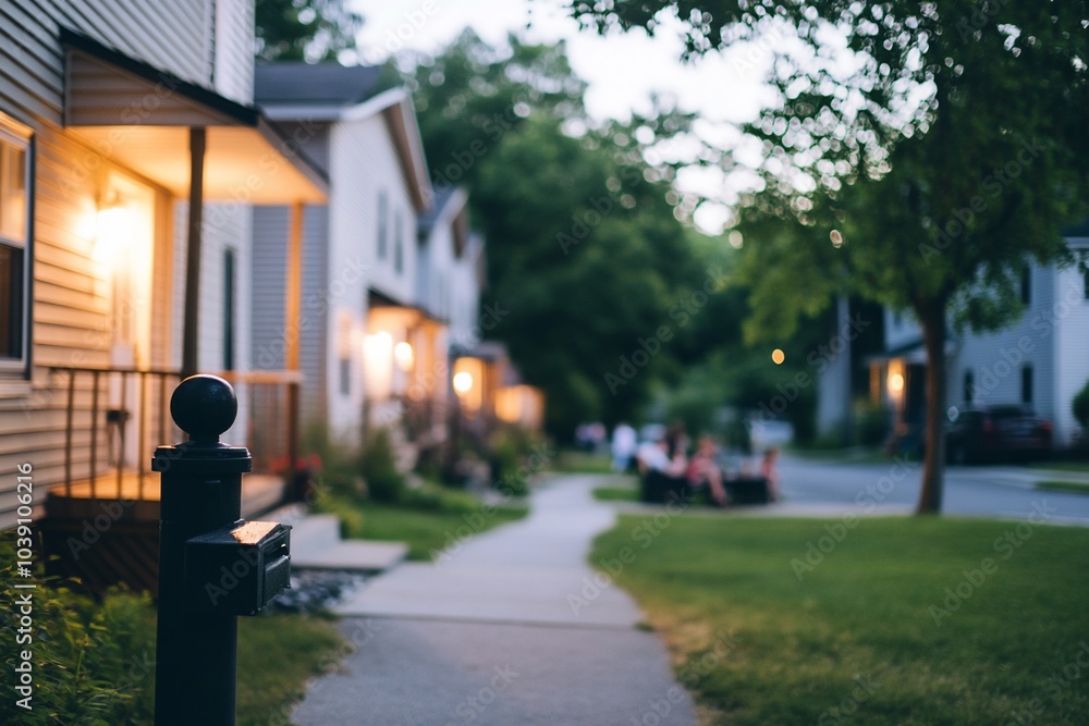 A quiet suburban street with houses and a group of people in the distance, lit by the warm glow of streetlights at dusk. A quiet suburban street with houses and a group of people in the distance, lit by the warm glow of streetlights at dusk.